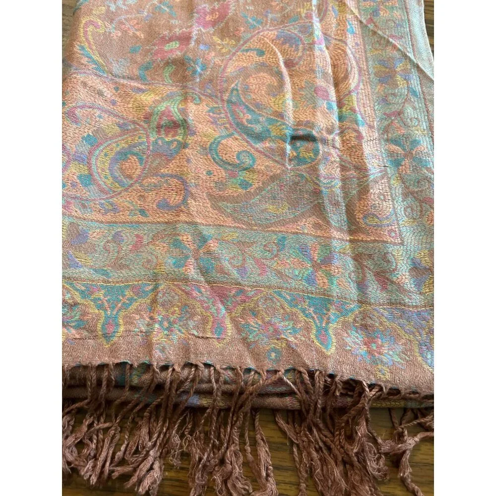 Mauve blue paisley blanket scarf with fringe